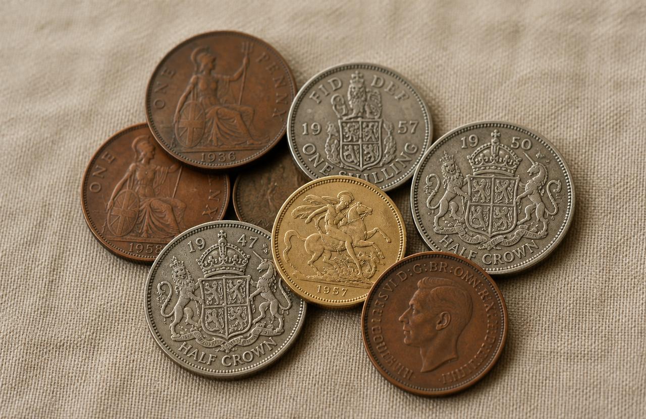 A handful of old British pennies, shillings, half crowns and a sovereign